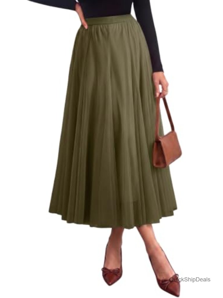 Tulle Midi Skirt A-Line Flowy High Waist Pleated